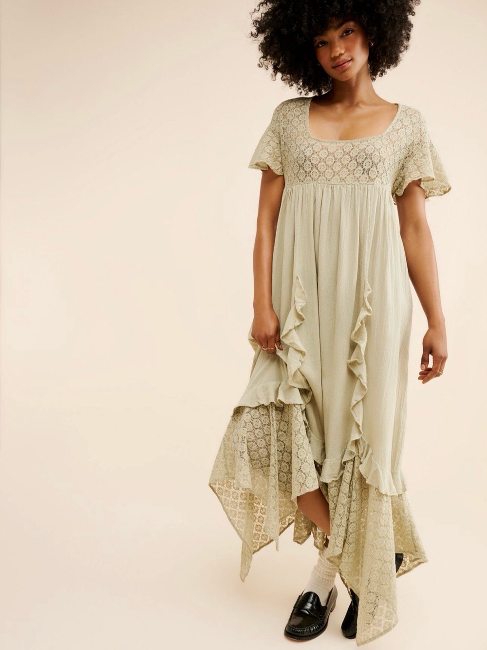 Free People -Free-Est Bring The Romance..Sage Lace High-Low Ruffle Dress-NWT